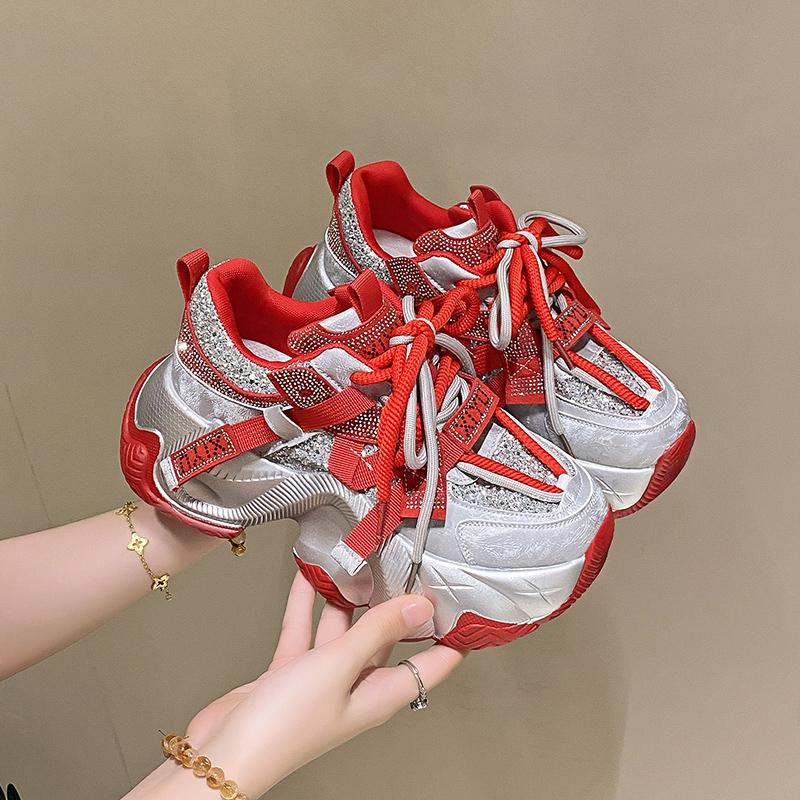 Sneakers groși cu strasuri de 6,5 cm, pantofi vulcanizați casual de primăvară 2025, sneakers cu plasă respirabilă cu platformă înaltă pentru femei, pantofi de tată pentru femei