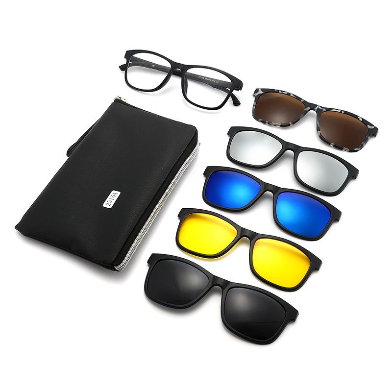 TR90 5-Piece Magnetic Clip-On Polarized Sunglasses Set with Pouch for Men & Women