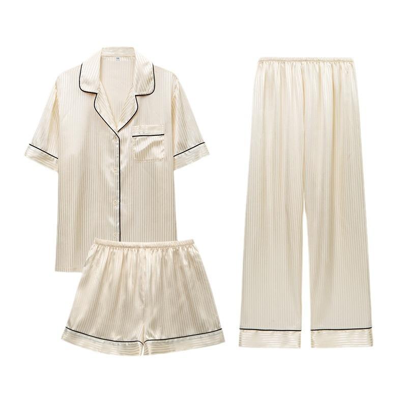 Yaoting's new short-sleeved ice silk pajamas for women's spring and autumn coolness thin striped short-sleeved shorts three-piece set TZ1111