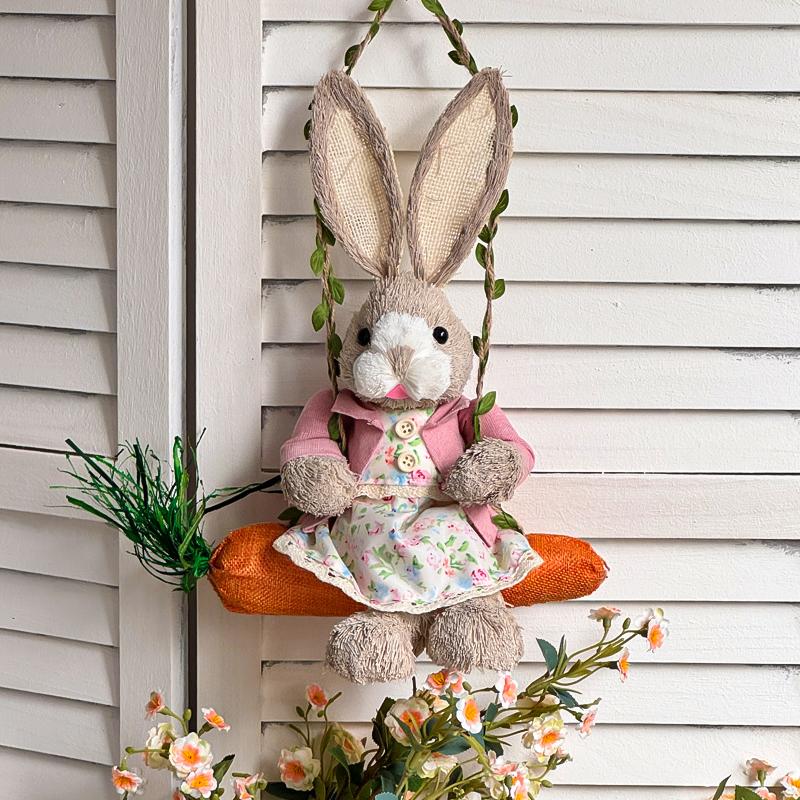 

13.8Inch Easter Rabbit Decoration Swing Bunny Figure Straw Craft Ornament For Home Holiday Cute Bunny Easter Decoration 1PC розовый