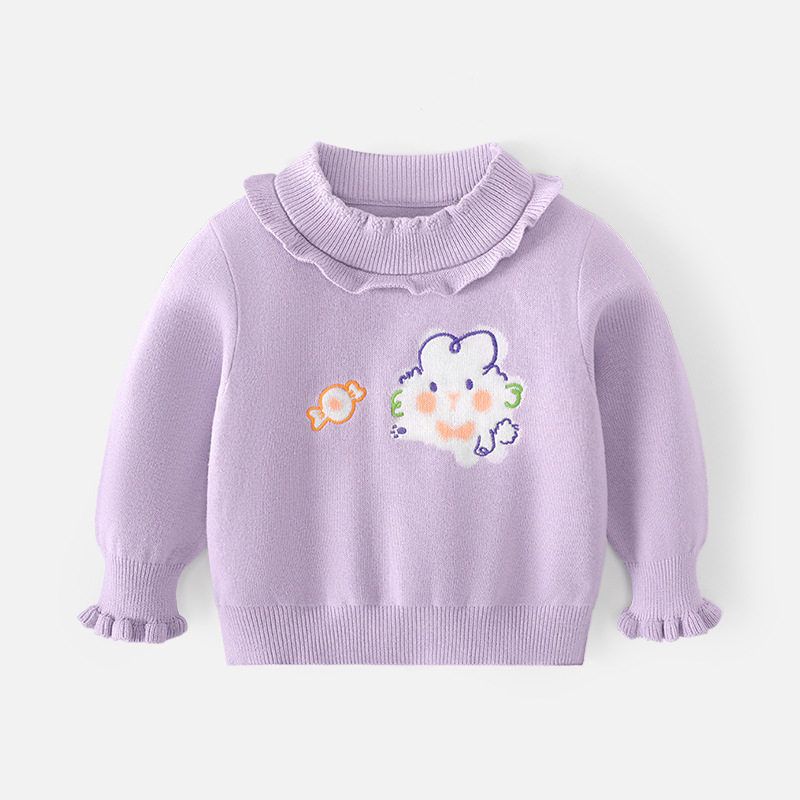 Cute Bunny Lace Girls  Sweater Spring and Autumn Children s Pullover Baby Girl Knitted Sweater Children s Base Sweater Purple 80