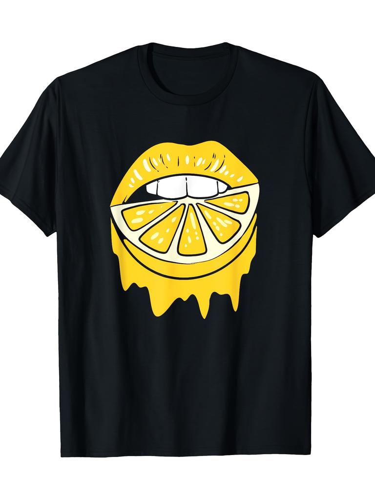 Fun Lip Lemon Print Tshirt Short Sleeved Round Neck Versatile Womens Tshirt Suitable for All Seasons