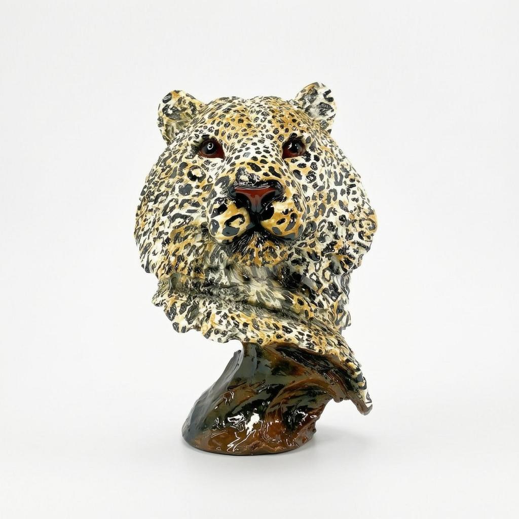 Leopard Head Bust HandhandPainted Big Cat Sculpture with Base Textured Cheetah Statue for Art