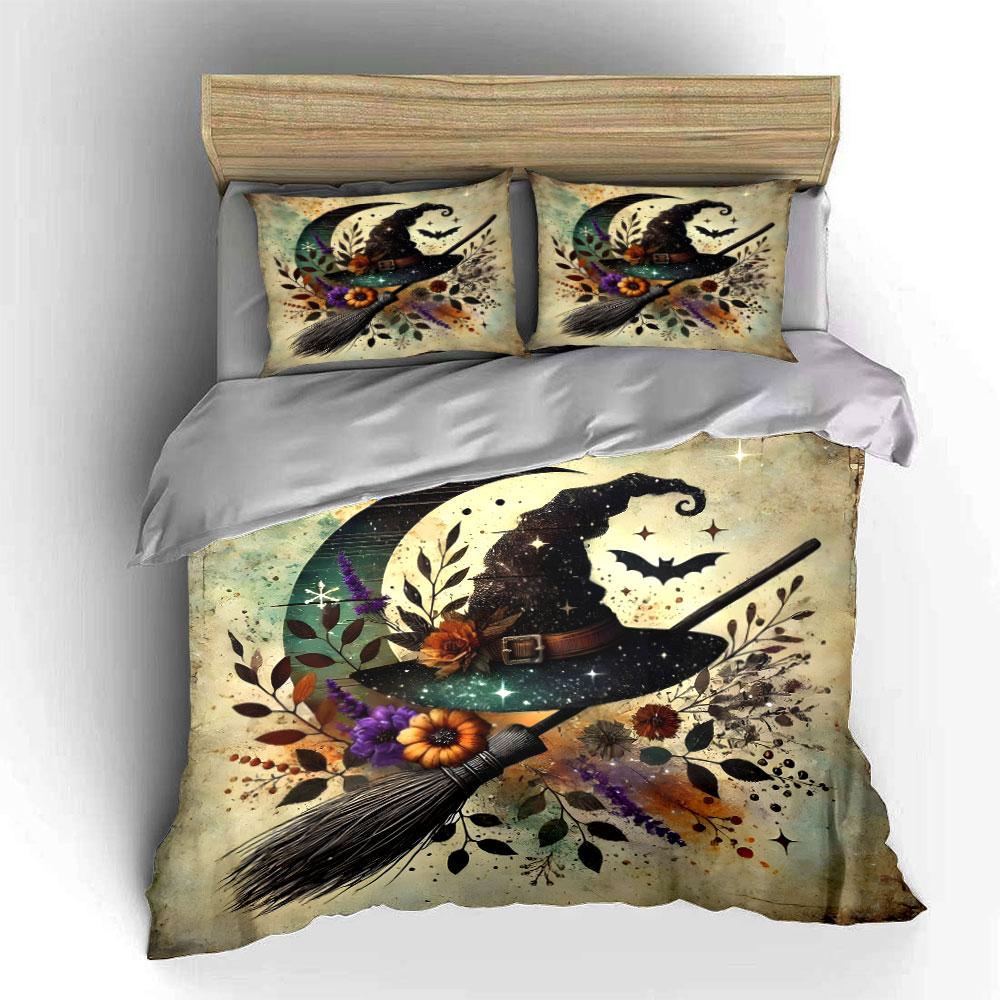 Witch'S Magical Hat, Moon, And Broom Exquisite Three-Piece Bedding Set Gift For Kids And Adults