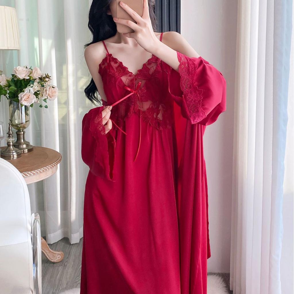 Ice silk pajamas women's spring and autumn long suspender pajamas, two summer pure desire sexy long skirts with chest pads, and robes