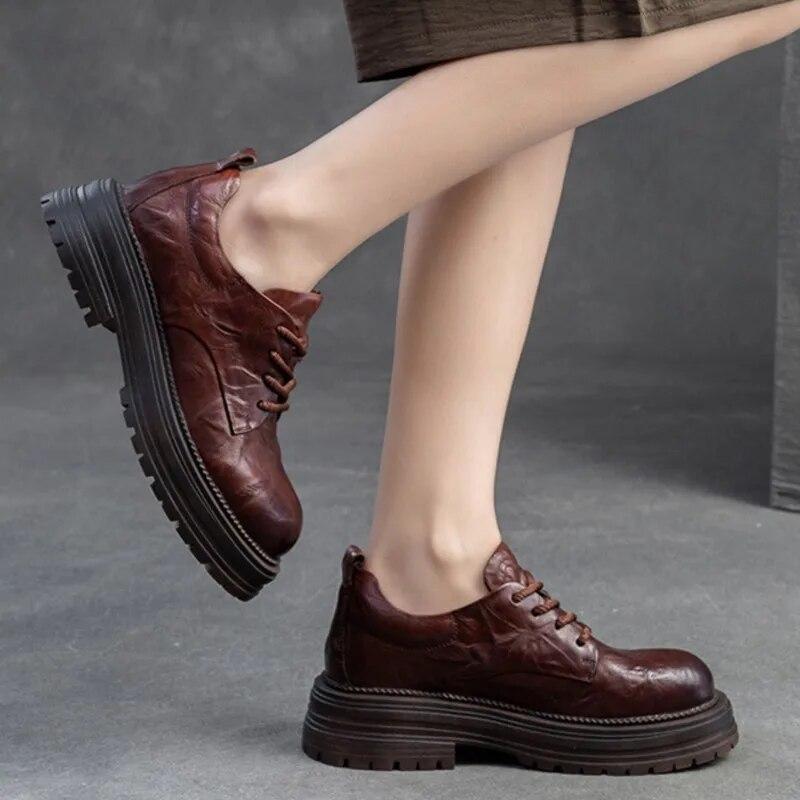 Johnature Vintage γνήσιο δέρμα βρετανικού στιλ Pumps Ευέλικτη χοντρή σόλα γυναικεία παπούτσια με κορδόνια