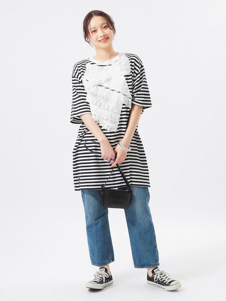 Beams Boy Tee Bias Frill Big One Size S/S [Special Order] TORI-TO T-Shirt, Women's, Black/White,