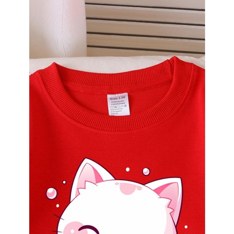 European Sizes Kids Sweatshirts, Girls' Autumn Winter Cute Cat Pink Bubble Tea Print Long Sleeve Round Neck Sweatshirt, Casual Daily Wear.