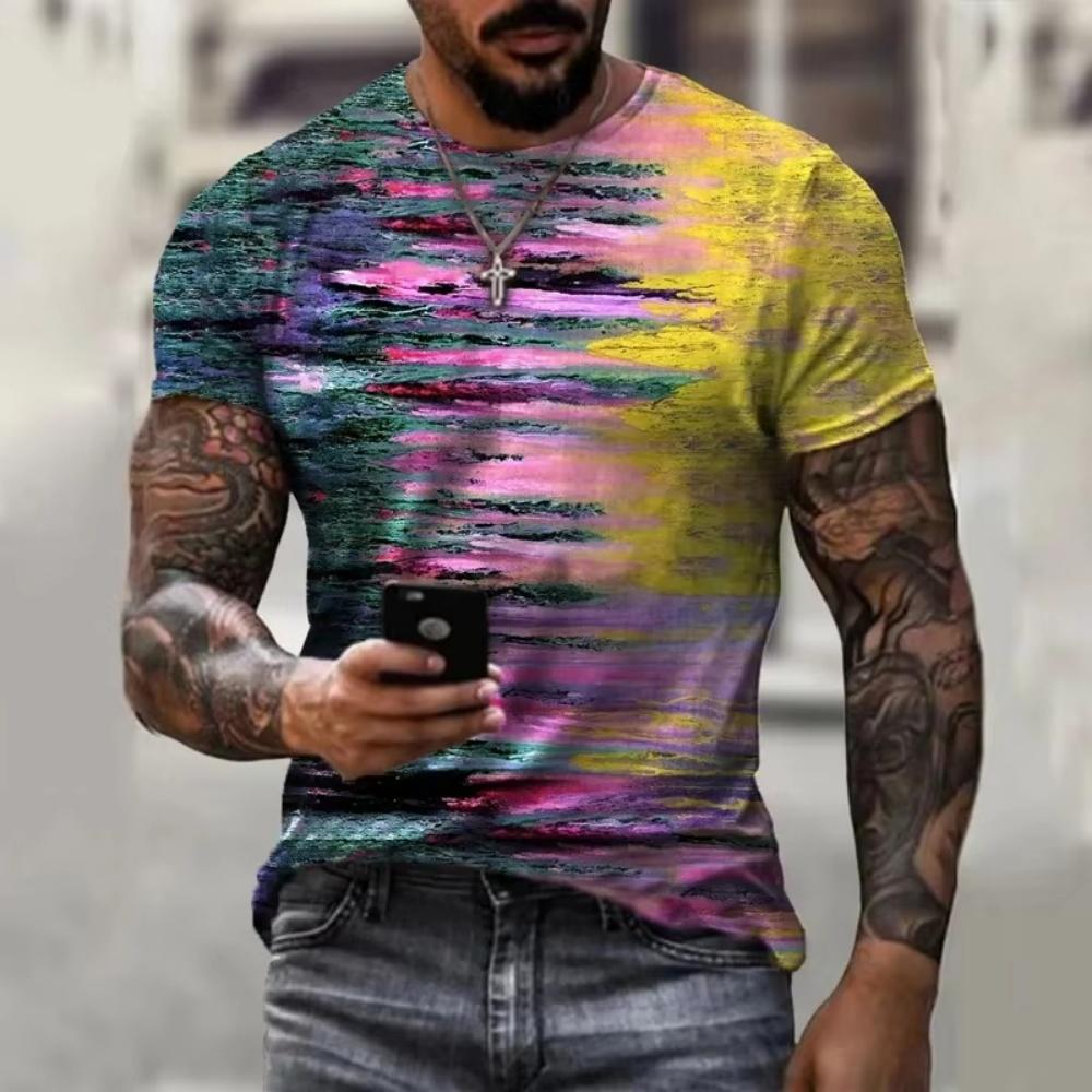 Men's Striped Pattern 3D Printed T-shirt, Summer Casual Chic Round Neck Top, Short Sleeved Outdoor Comfortable Personalized Short Sleeved Clothing