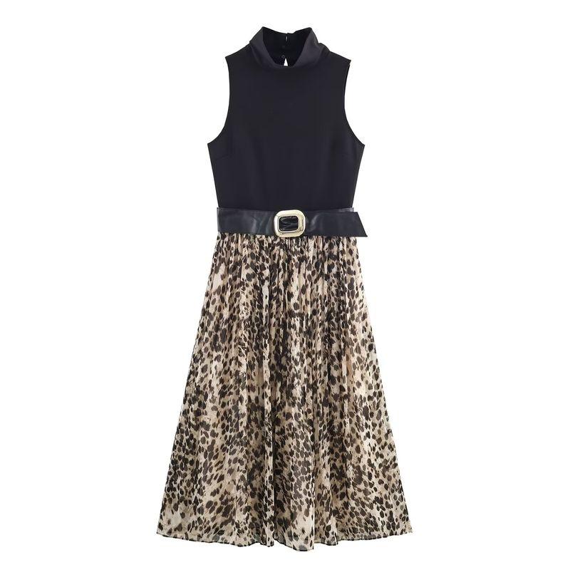 

Za Autumn New Women clothes 2025 Western Style Animal Print Patchwork Belt Midi Dress 2298172 Leopard print L