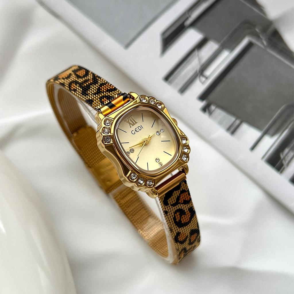 Retro Diamond-Encrusted Small Square Watch Female Style Exquisite Milan Mesh Belt Quartz Watch Leopard Print Watch
