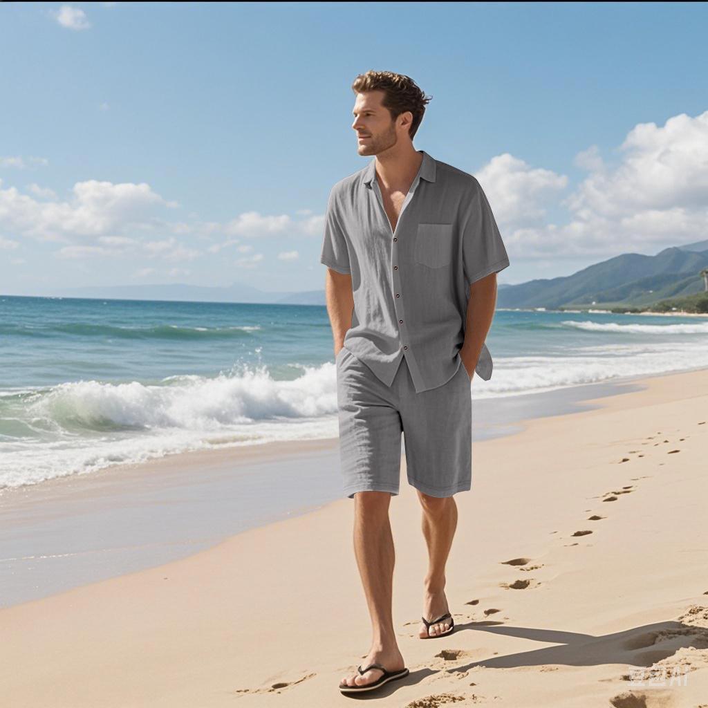 Men's Summer Linen Short-Sleeve Shirt & Shorts Set - Casual Loose Fit, Cotton-Linen Fabric.