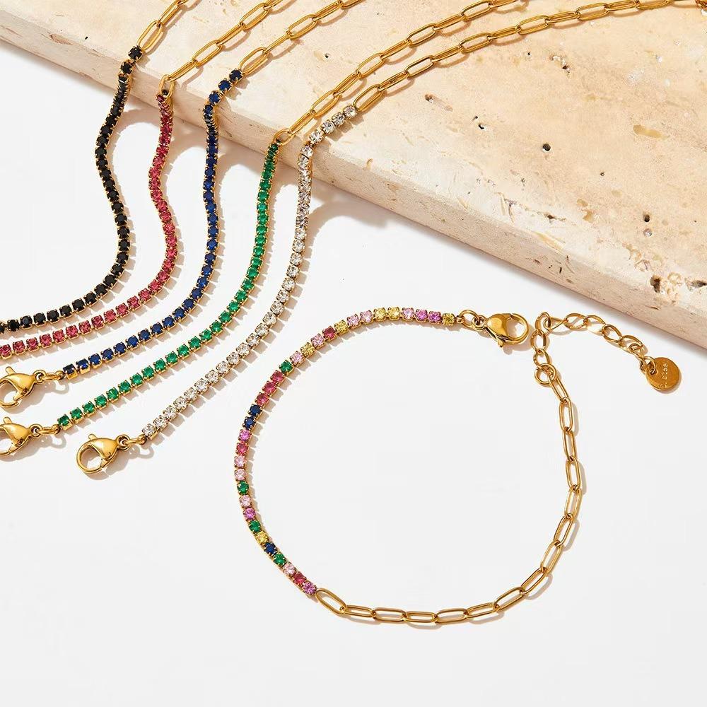 Luxury Exquisite Geometric Square Colored Zircon Stainless Steel Paperclip Chain Bracelets for Women Trend Jewelry Does Not Fade