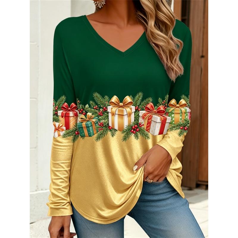 Autumn and Winter Ladies 3D Printed V-Neck Long Sleeve T-Shirt Christmas Dress