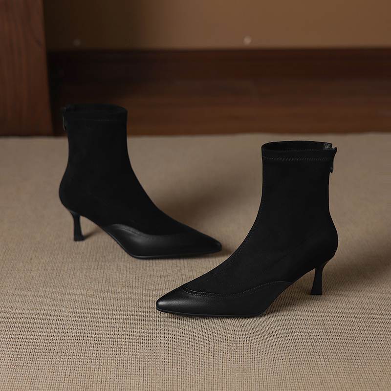 Krazing Pot Flock Pointed Toe Thin High Heels Modern Boots Size 42 Zip Patch Work Women Elastic Ankle Boots