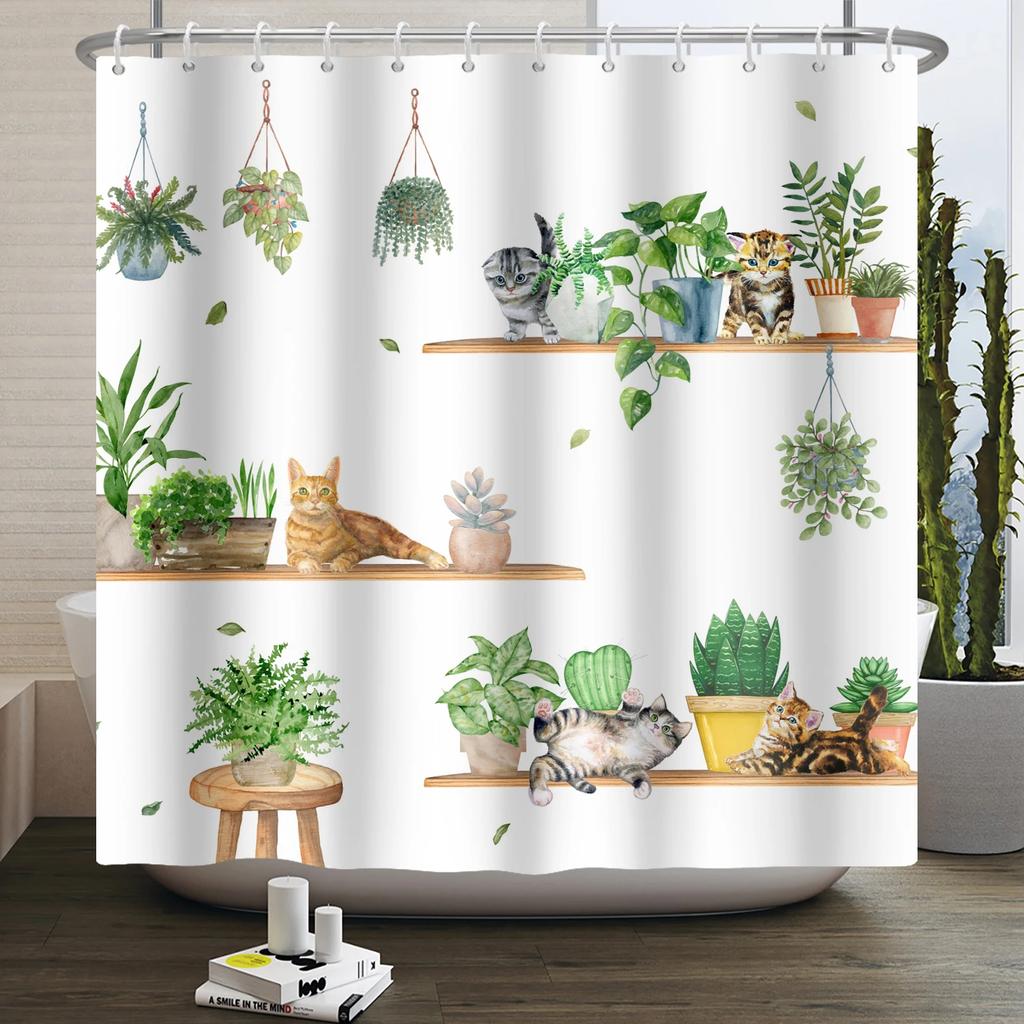 Grüne Topfpflanze Duschvorhang Tropisches Gewächshaus Botanische Sukkulenten Kaktus Moderne Ästhetik Wasserdichter Badezimmervorhang