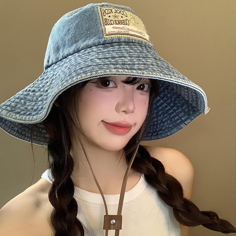 Japanese sticker denim bucket hat women wash old big brim show face small sunshade sunscreen hat