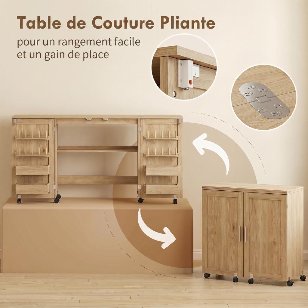 Sewing Table, Folding, Cabinet on Casters, 2 Doors, 4 Trays, 20 Hooks, 160 x 40 x 83 cm, Oak
