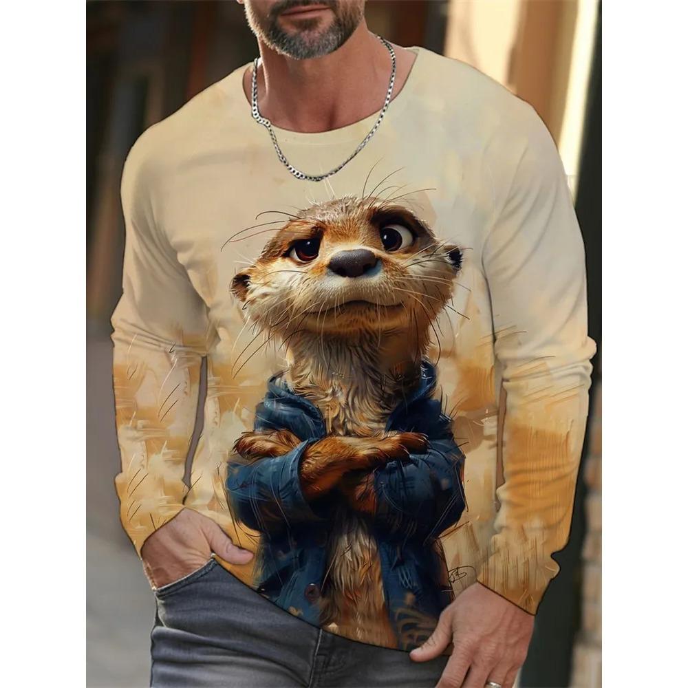 Spring Autumn Fashion Comfortable Loose Soft Casual Versatile Round Neck Long Sleeve T-shirt Creative Fun Animal Geometry 3D Printed Men's T-shirt