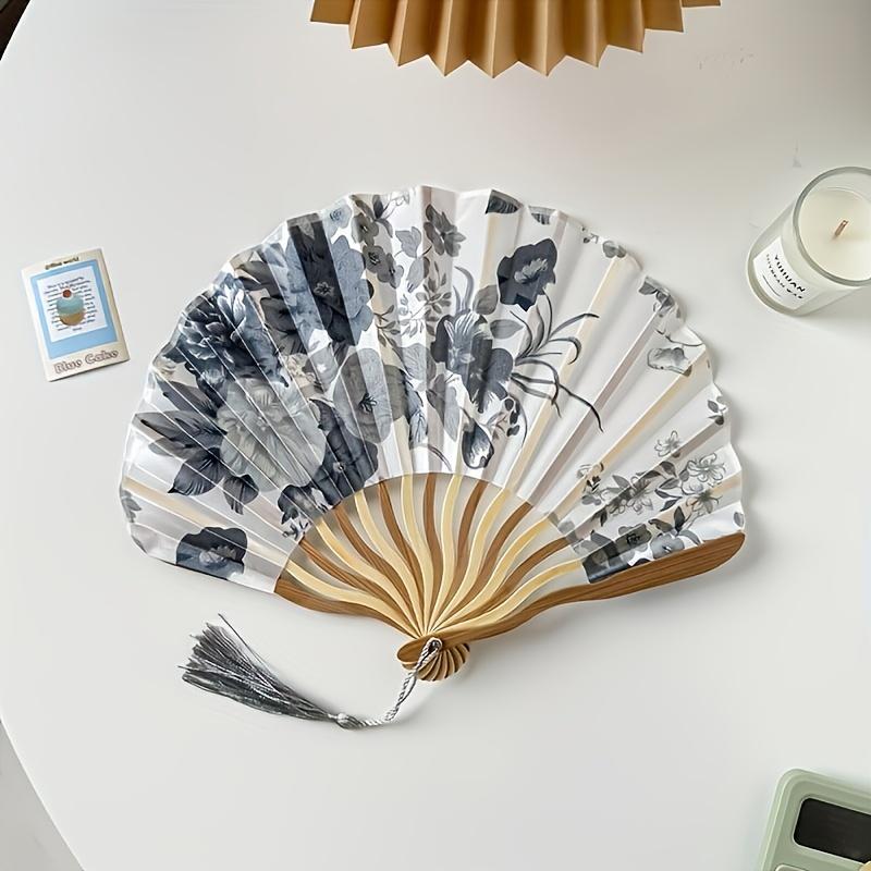 1pc Elegant Vintage Chinese Ink Wash Folding Fan with Floral Design & Tassel - Portable Handcrafted Dance Accessory for Women/Men