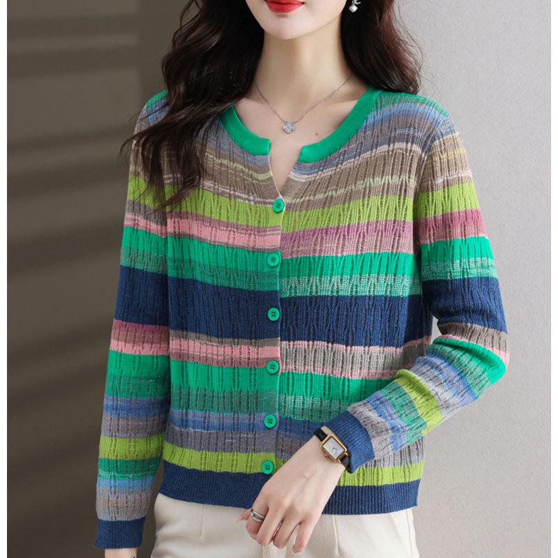 

Весна и осень Одежда для мам свитер Модный новый свитер Женский полосатый вязаный кардиган Женская куртка Топ 3XL