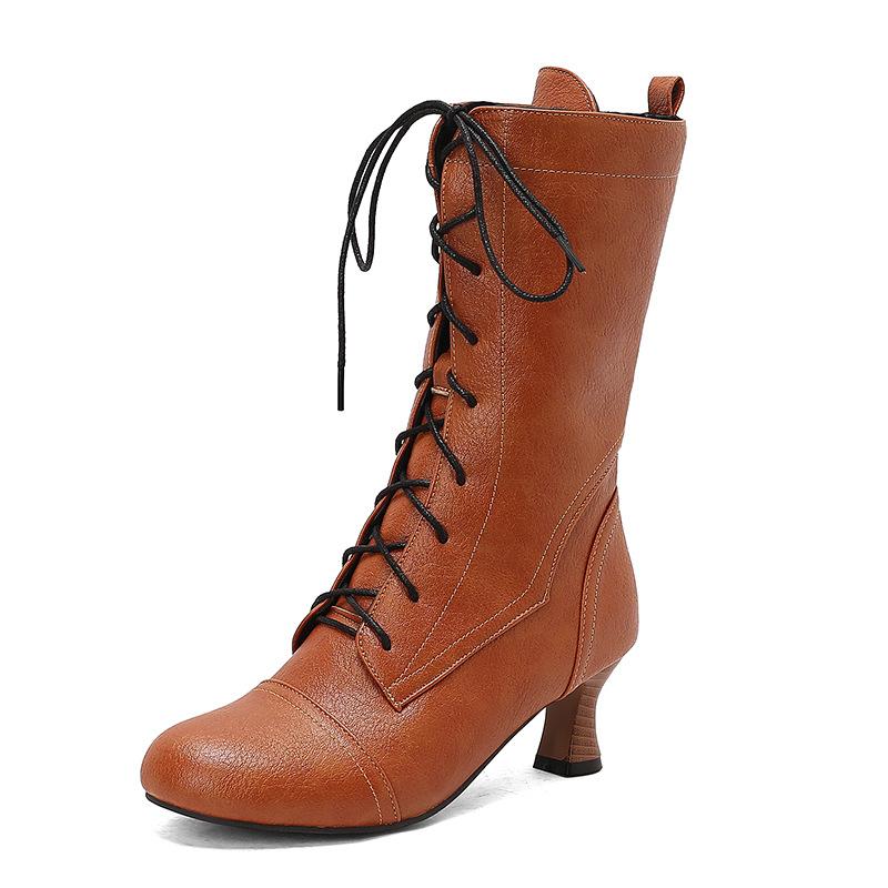 Lace-Up Mid-Boots Knight Boots Martin Boots Thick Mid-Heel Casual Boots 40-50 Plus Size Boots