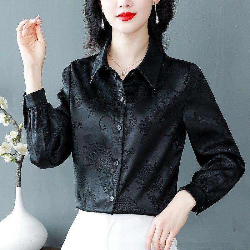 2025 New Style Women's Satin Jacquard Shirt: Fashionable, Versatile Slim Fit Top for Spring & Autumn