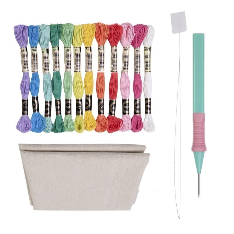 Beginner Punching Needle Embroidery Set Inlcudes 12 Color Yarn, Embroidery Cloth, Punching Needle Pen, Needle Threader
