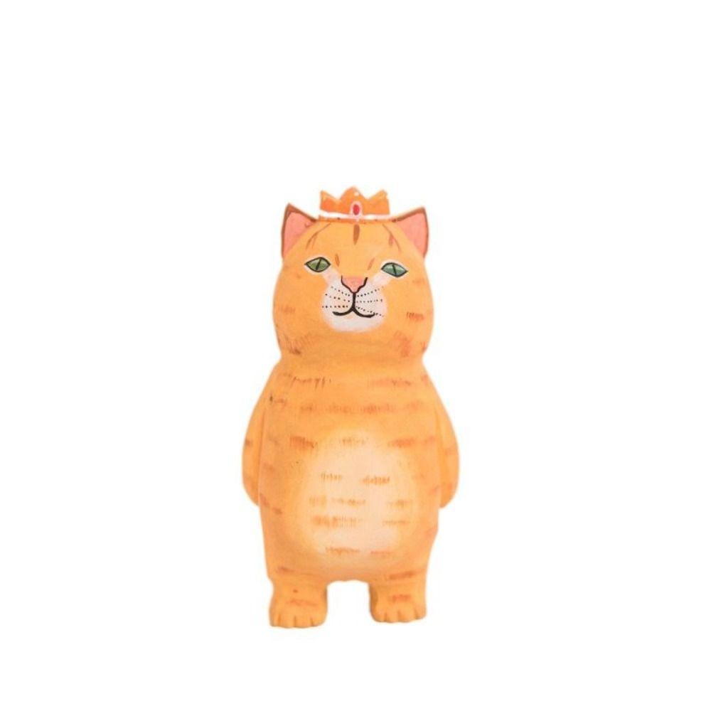 Cute Wood Carving Cat Ornament Simple Style Solid Wood Painted Cartoon Cat Sculpture Small Handmade