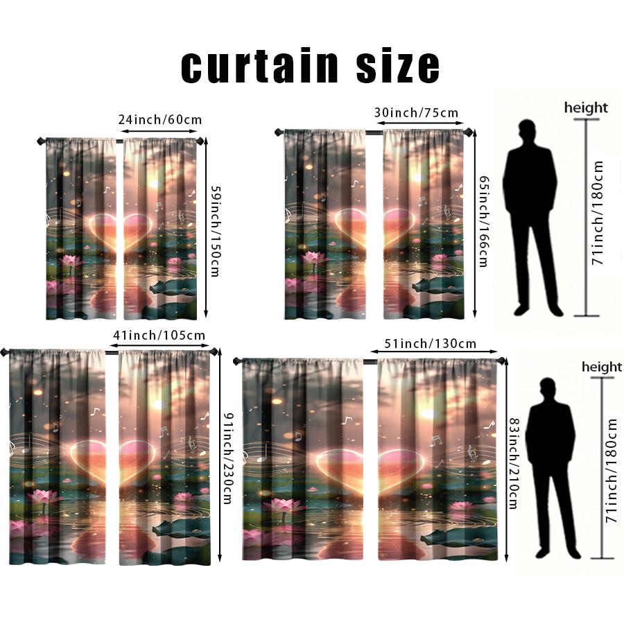 2PCS Lotus Pond Heart Rhyme Music Symbol Curtains   Sweet Wind   Bedroom and Living Room   Drawbar Pocket Decorative Curtains