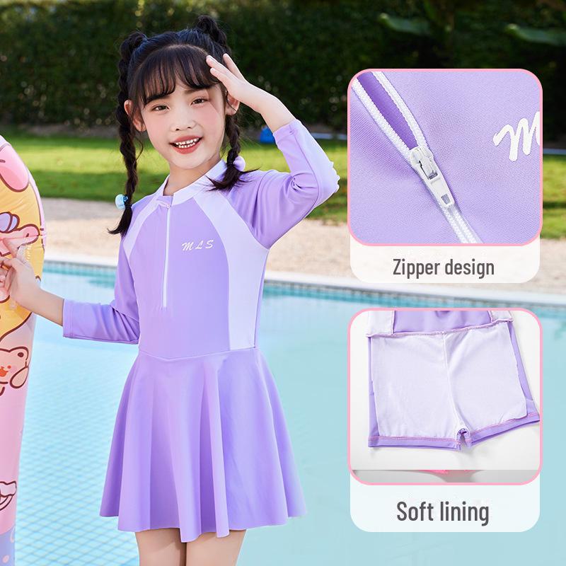 Girls' Long-Sleeve One-Piece Swimsuit, Modest Korean Style for Students and Hot Springs.