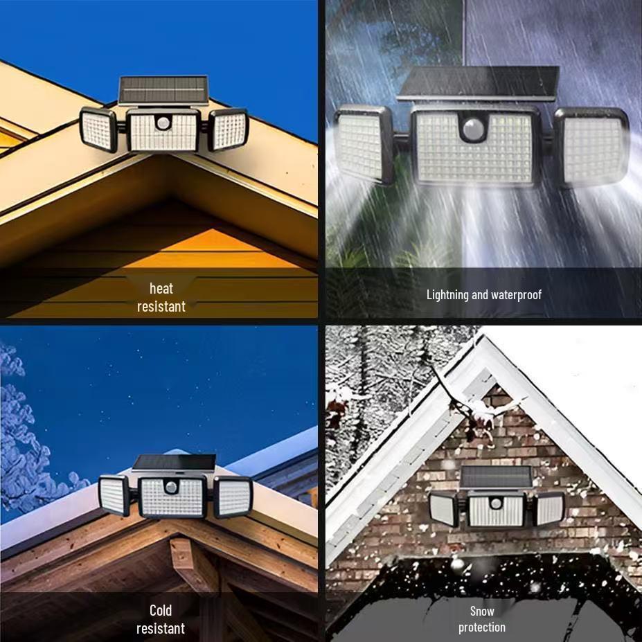 Three-Head LED Solar Motion Sensor Outdoor Wall Light, Waterproof for Garden, Courtyard, Fence, and Home Lighting.