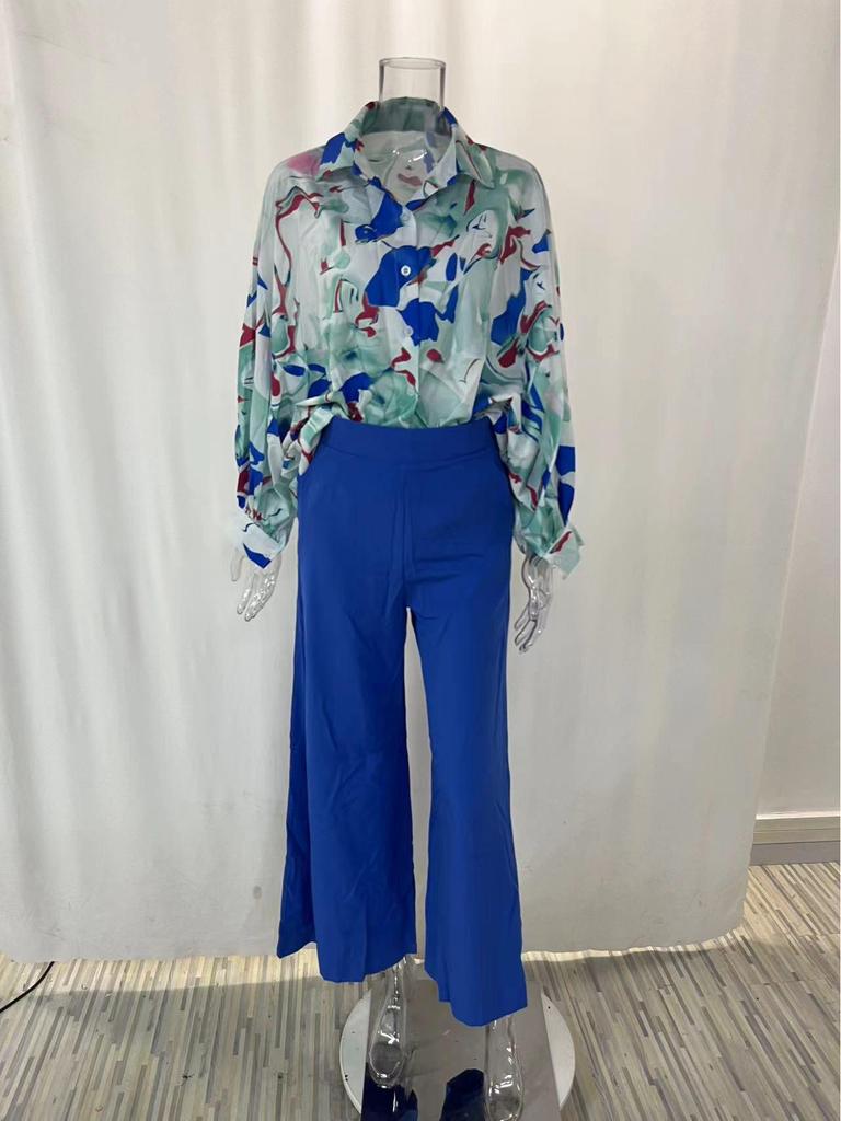 2026 Spring European & American Women's Printed Shirt & Elegant Wide-leg Pants Fashion Set