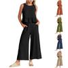 Damen-Sommer-2-teiliges Set, ärmelloses Rüschen-Tanktop, kurzes Oberteil und Hose mit weitem Bein, Lounge-Set mit Taschen