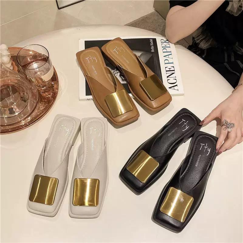 Women's Baotou Slippers Summer New Retro Metal Buckle Flat Heel Slippers Square Toe Shallow Mouth Casual Cool Slippers