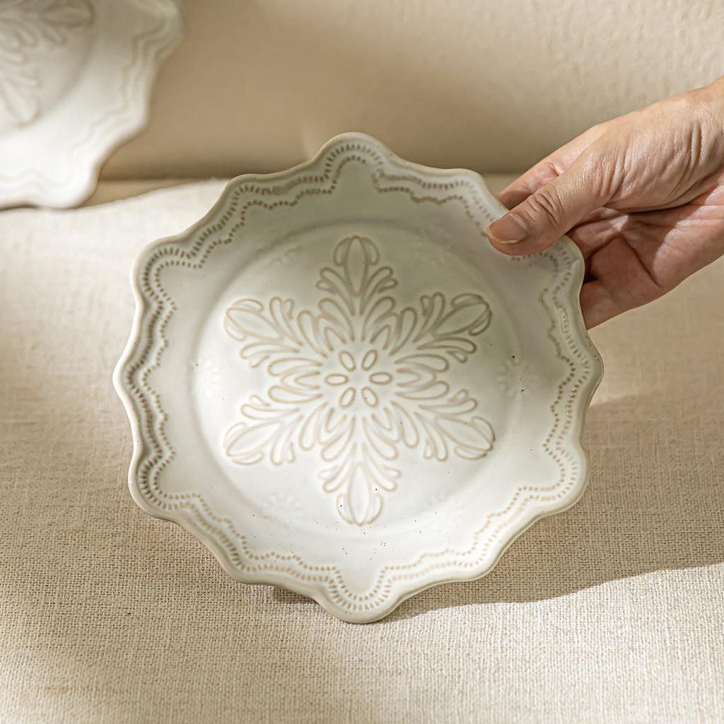 French Relief Plate, Dessert Plate, Snowflake Special-Shaped Plate, Household Ceramic Vegetable Plate, Tableware Plate, Western Food Plate.