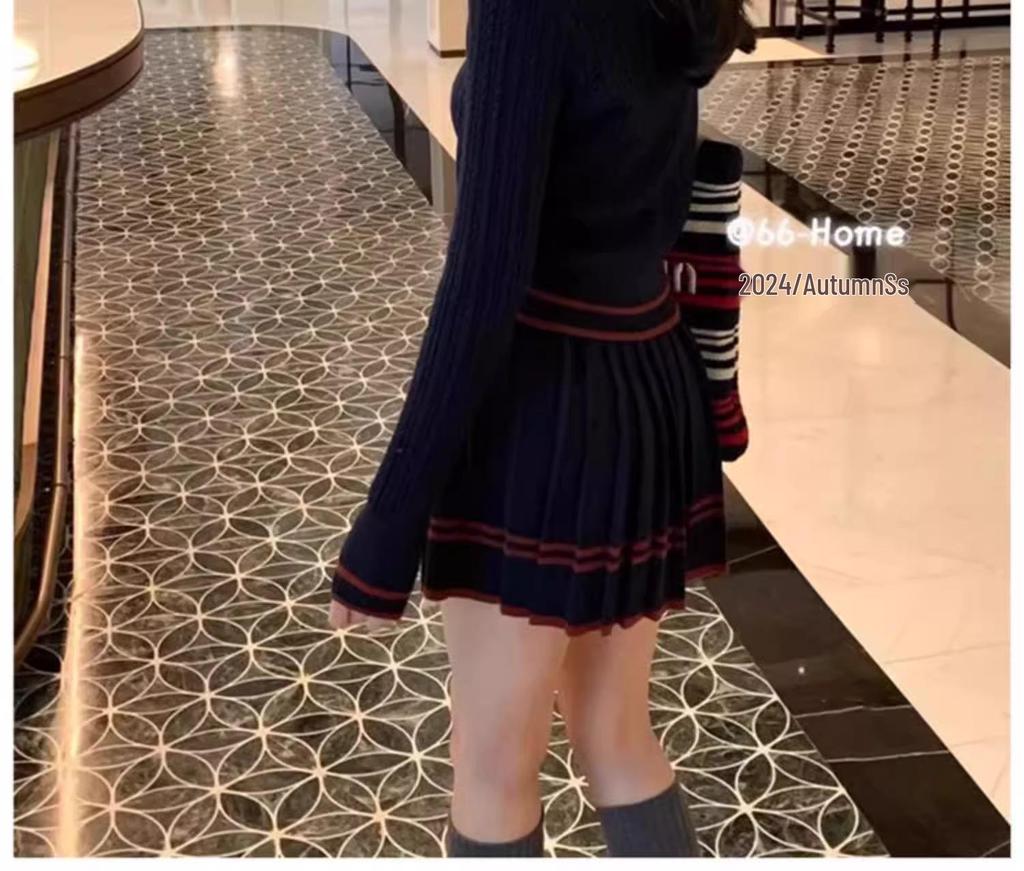 Preppy Two-Piece Knit Cardigan & Pleated Skirt Set with Polo Collar