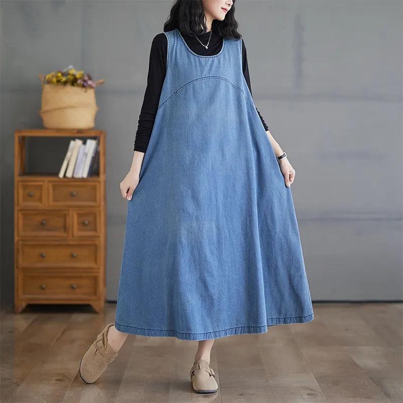 Plus Size Sleeveless Denim Vest Dress - Sweet, Casual, Blue Long Dress for Women
