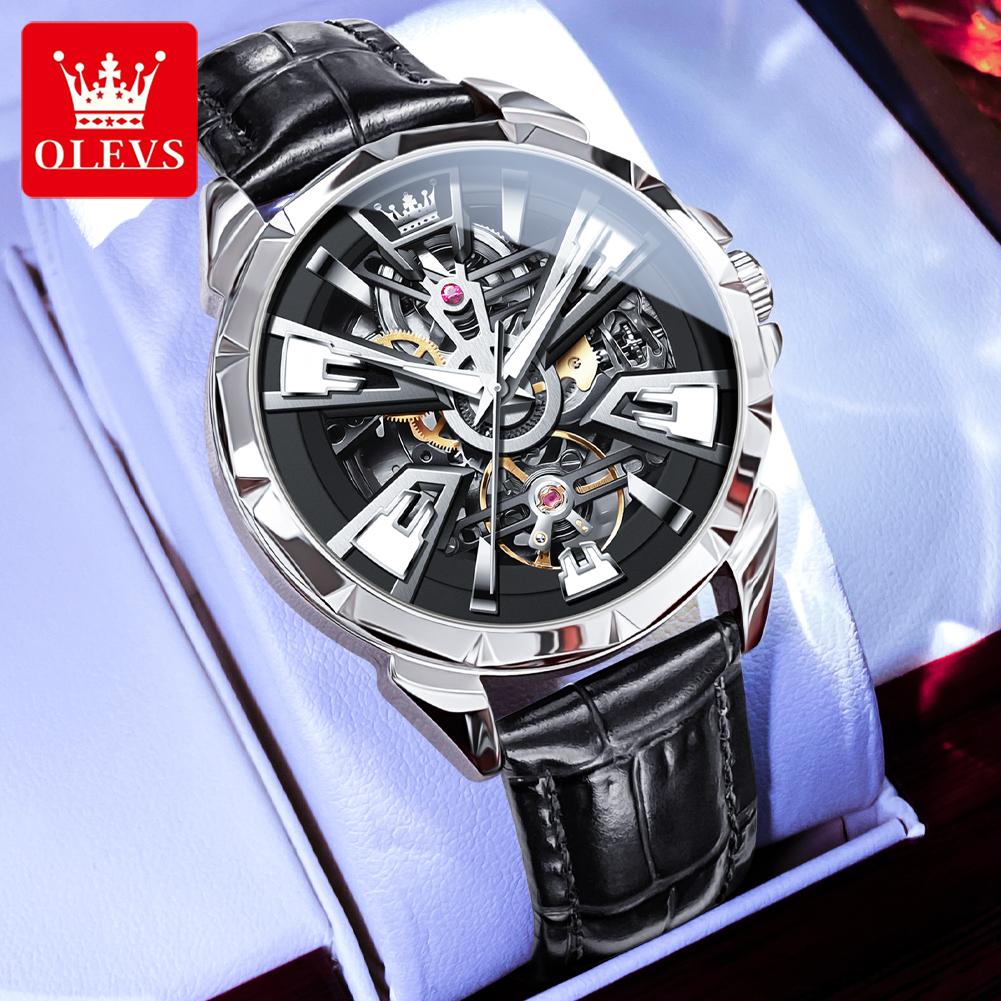 OLEVS New Skeleton Automatic Man Watch Original Leather Strap Hollowed Fashion Men's Mechanical Watch Waterproof Watches for Men