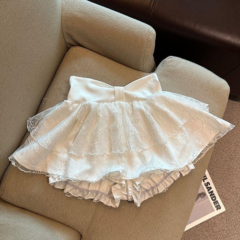 White A-Line Tulle Skirt With Lace Trim High Waist Short Teen Girls Casual Wear