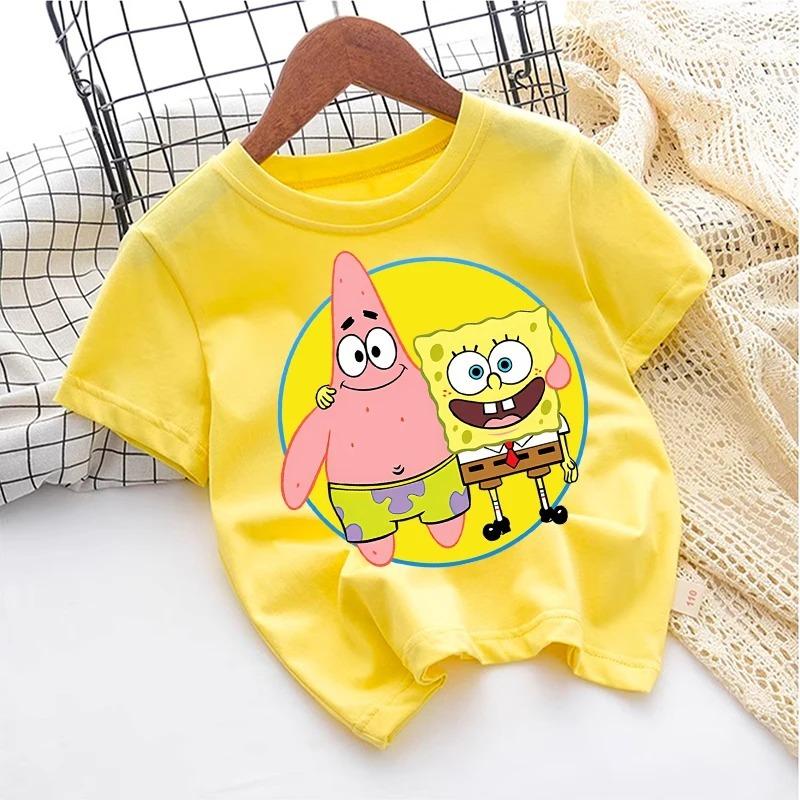 SpongeBob T-Shirt for Kids, Cartoon Design, Round Neck, for Boys and Girls, Cotton, Casual Streetwear, Short Sleeve, Kids' Tops