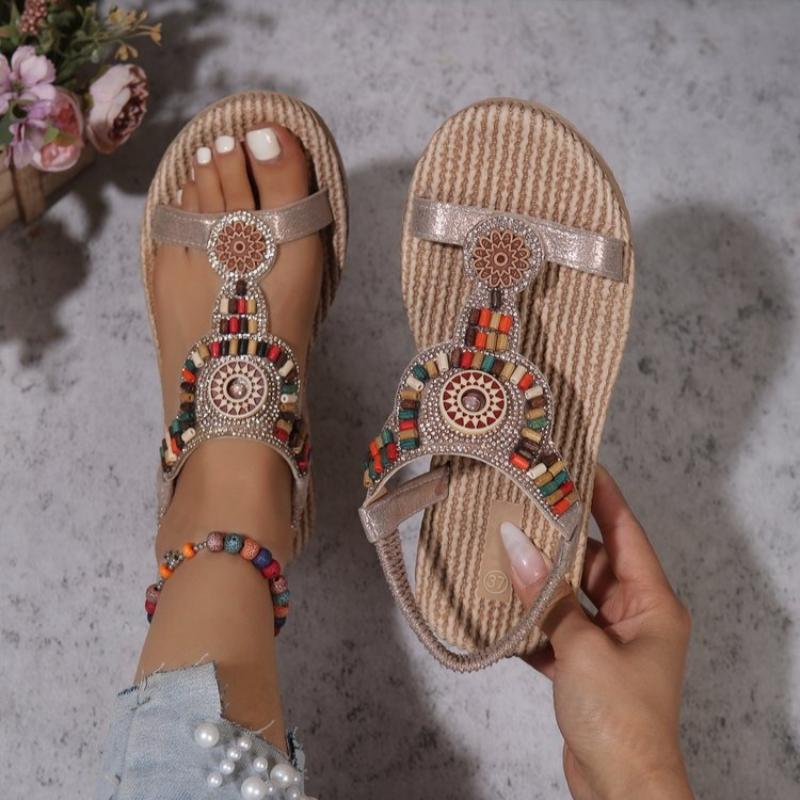 Fashion Flower Women Sandals Summer 2025 New Flat Bottom Bare Toes Outer Wearing Boho Style Vacation Women Beach Shoes Large Size 36-43