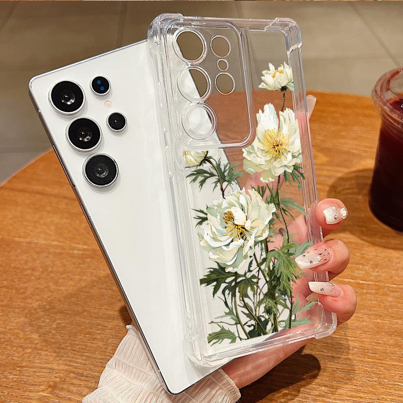 Luxusní průhledný silikonový kryt s květinovým potiskem pro Samsung S25 S24 FE S23 Ultra S22 A56 A36 A16 A55 A35 Nárazuvzdorný ochrana objektivu Tenký měkký kryt na telefon