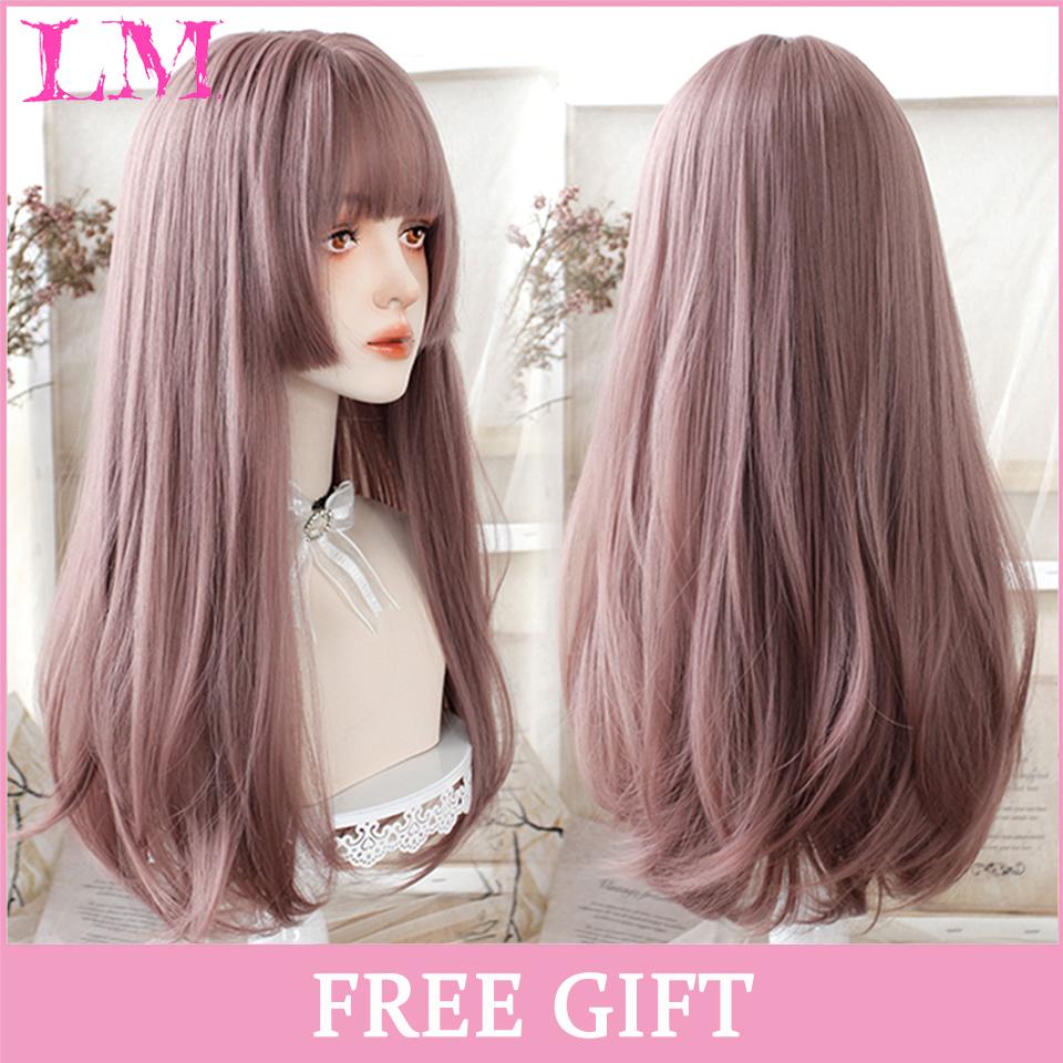 LM Cosplay kahküllü peruk sentetik düz saç 24 inç uzun isıya dayanıklı pembe peruk kadınlar için