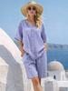 Completo estivo in cotone e lino, scollo a V ampio, manica corta, pantaloni a gamba larga, stile vacanza, completo due pezzi