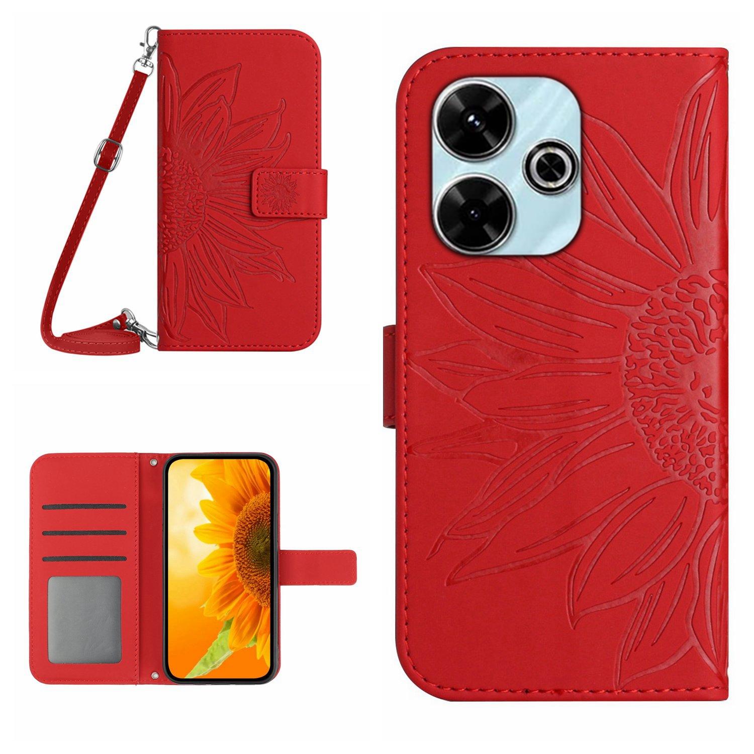 

HT04 For Xiaomi Redmi 13 5G/13 4G Case Sunflower Leather Phone Cover with Shoulder Strap Red