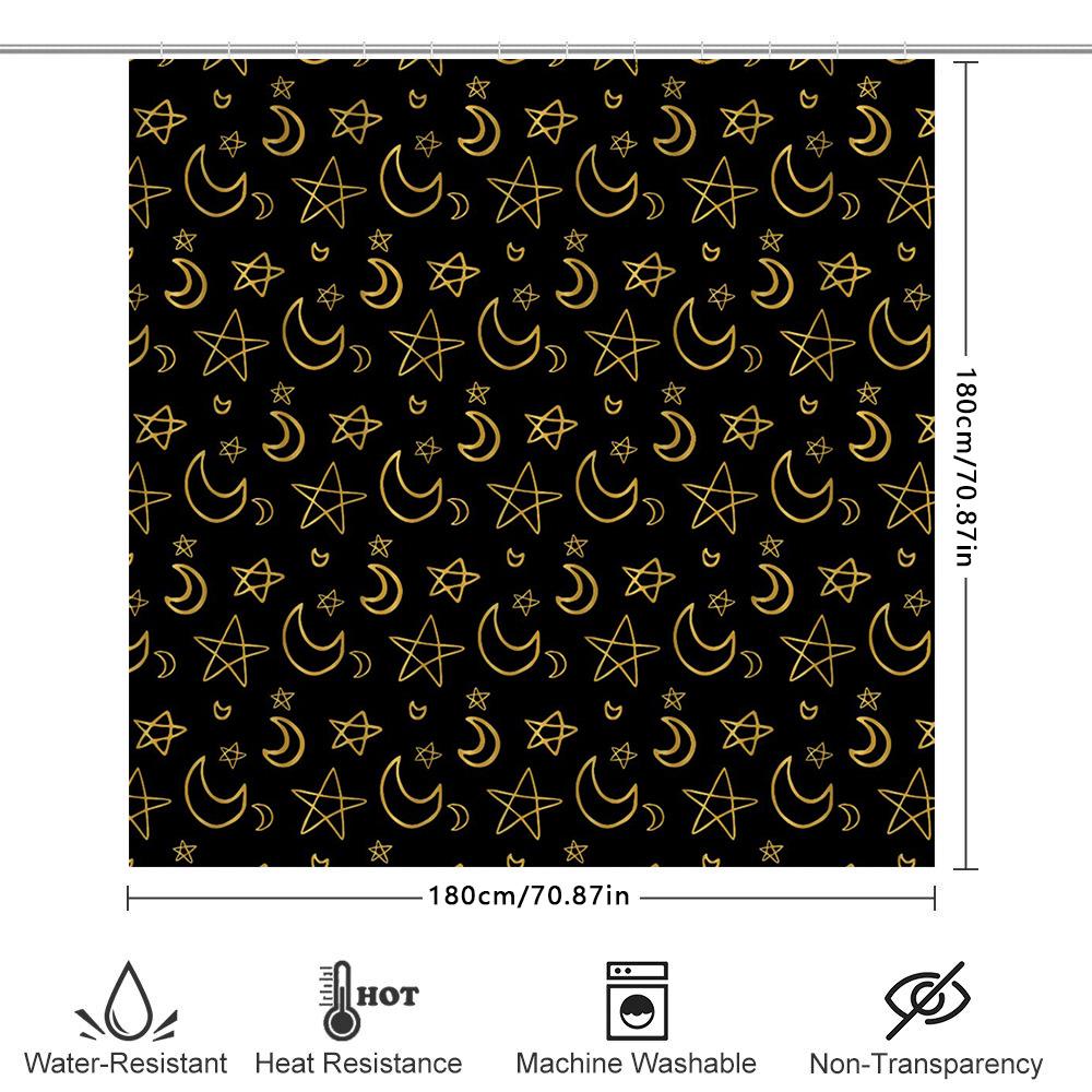 Charming Bathroom Decor: Moon Stars Crescent Moon Print Shower Curtain with Rod Pocket for Home Decoration Black and Gold Floral