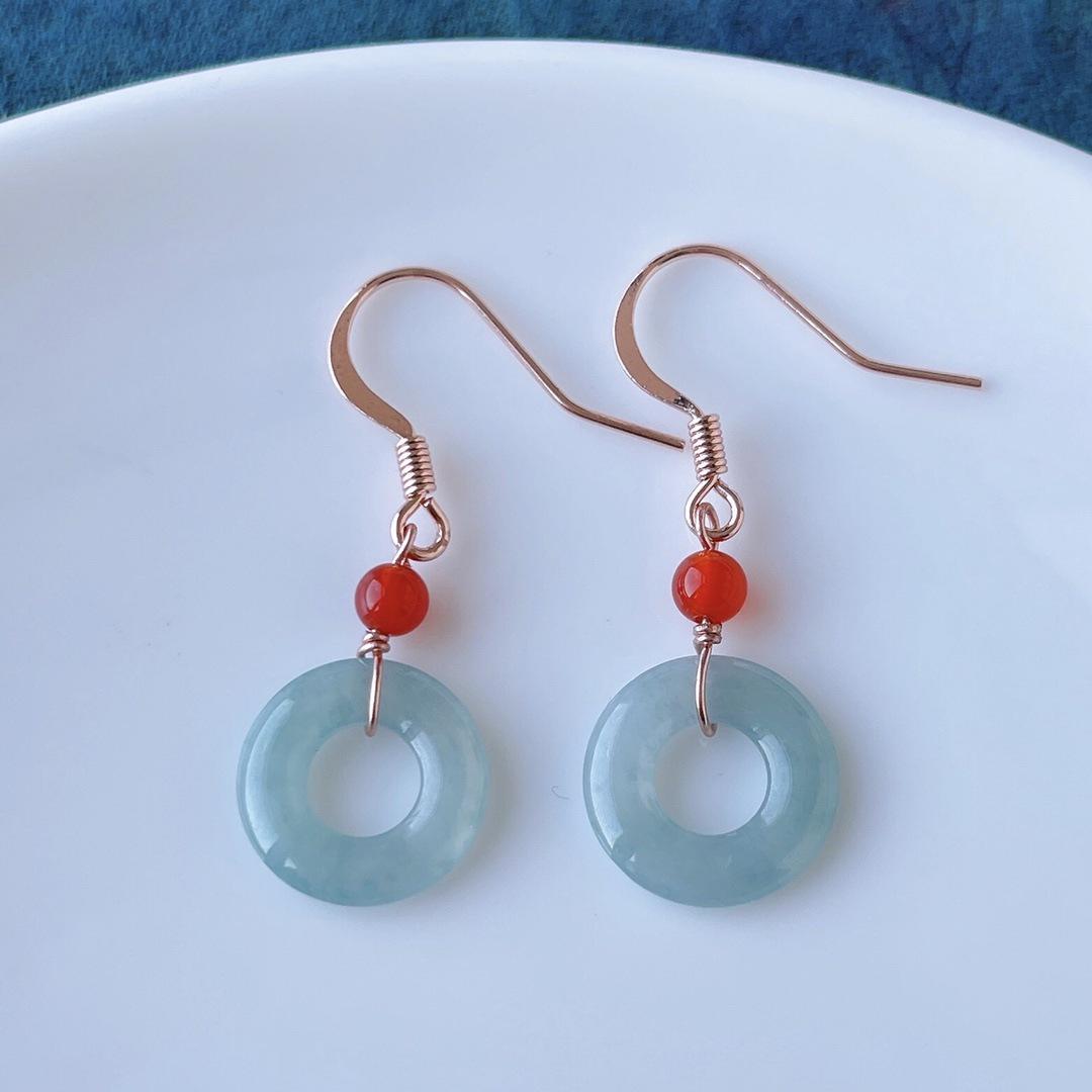 Natural A-Grade Jade Blue Donut Earrings, 14k Gold Plated, Rose Gold Simple Design