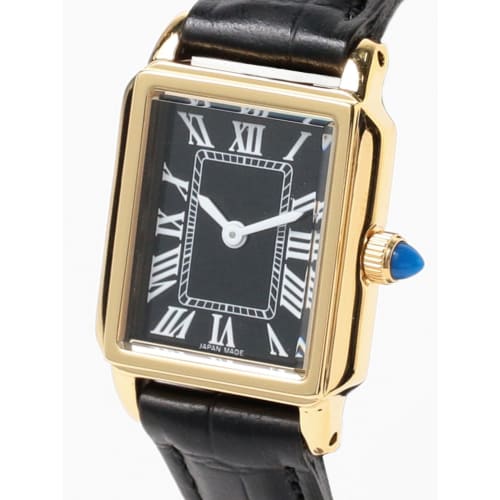 Demi-Luxe BEAMS Square Embossed Leather Watch II for Women, Black X Gold, One Size