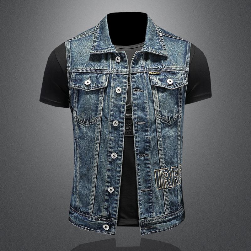 730/MJ15188/P155 lapel high quality washed embroidered letter denim vest men slim spot